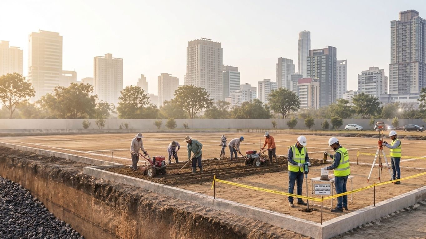 Prepared land cultivation and soil testing before foundation work
