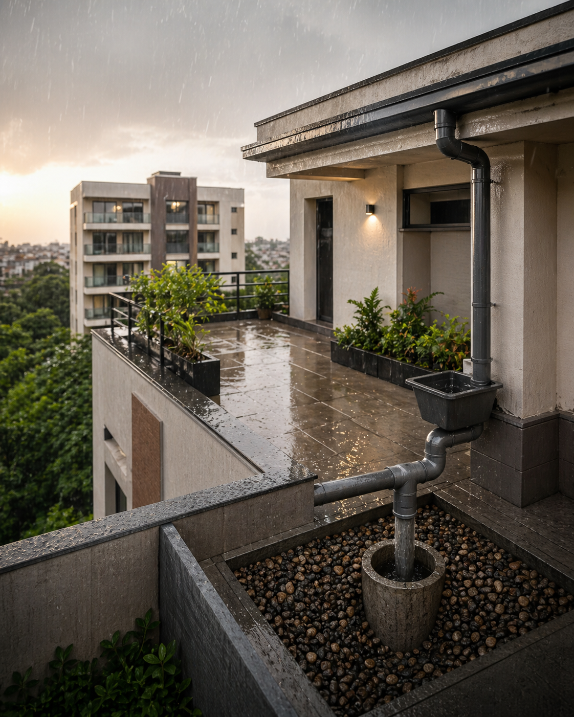 Rooftop rainwater harvesting pipes directing water into a recharge system